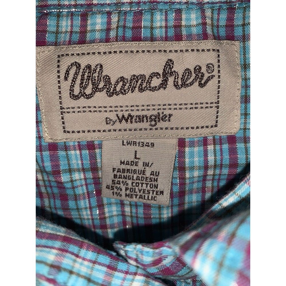 Women's L Blue Pink Sparkle plaid Wrancher Wrangler Short Sleeve Pearl Snap - Picture 14 of 16
